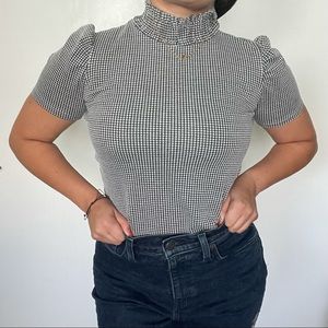 ZARA black and white high neck plaid blouse